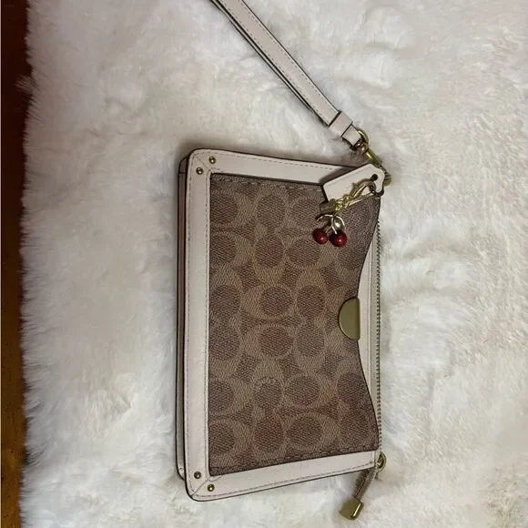 Coach Signature Dreamer Brown and White Women's Wristlet with Cherry Charm - Picture 4 of 9